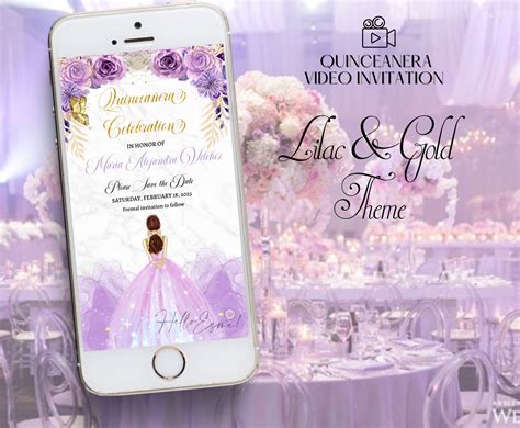 Lilac and gold digital save the date quinceanera animated invitation ...