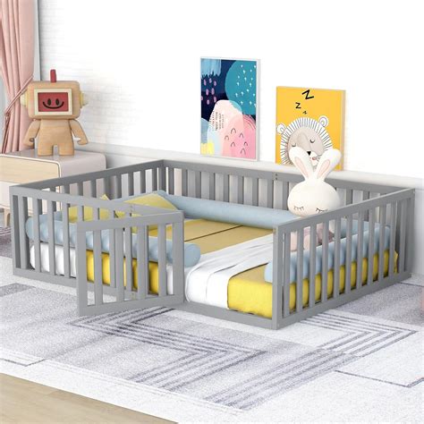 Amazon.com: Full Size Floor Bed with Fence and Door, Kids Montessori ...