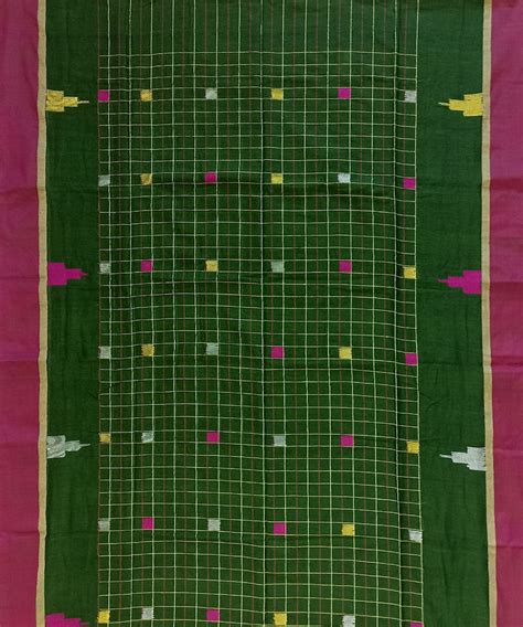 Dark green pink cotton handloom bengal saree – GoCoop