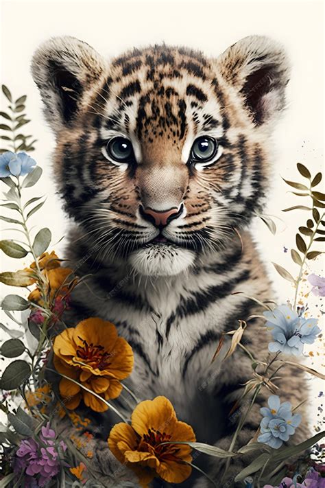 Premium Photo | A tiger cub with flowers on it