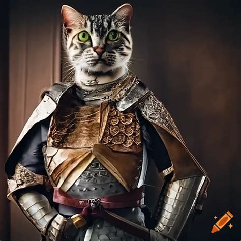 Cat warrior in armor with a backpack