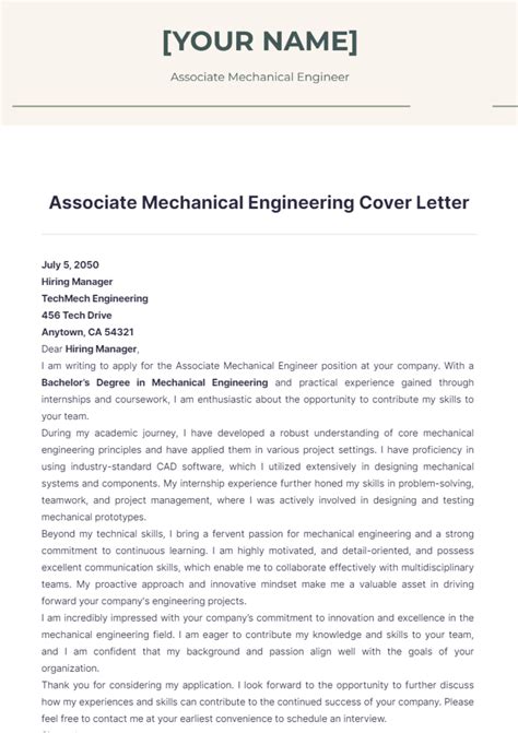 Free Associate Mechanical Engineering Cover Letter Template to Edit Online