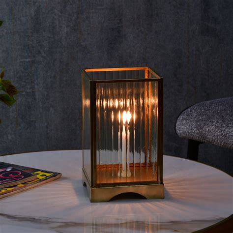 Square Shape Fluted Design Metal & Glass Candle Holder (Large, Gold ...