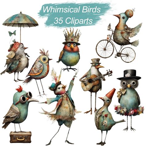 Set of 35 Whimsical Birds, Quirky Birds Clipart Png Files on ...