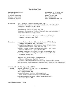 Fillable Online biostat umn Curriculum Vitae Lynn E. Eberly, Ph.D ...