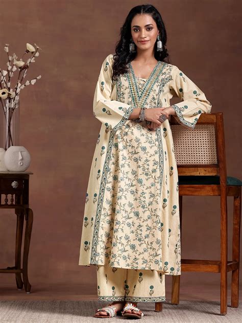 Buy Beige Printed Cotton A-Line Kurta With Palazzos Online at Rs.1249 ...