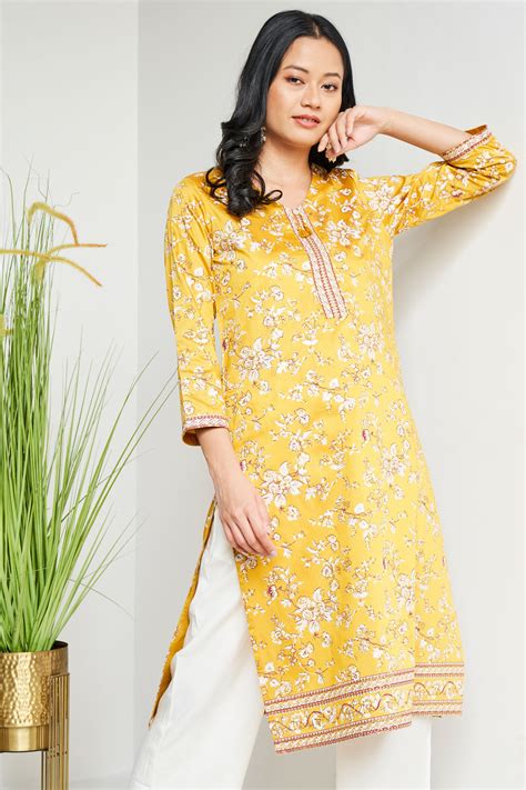 Buy Mustard Floral Tie-Ups Straight Kurta Online for Women from AND ...