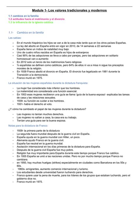 Summary Module 1 AQA A-Level Spanish, Year 1 - Los valores ...