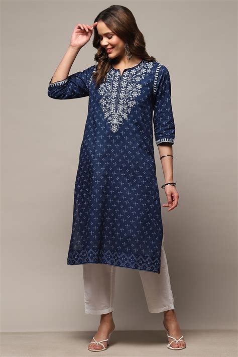 Buy Indigo Cotton Straight Kurta Online at Biba India