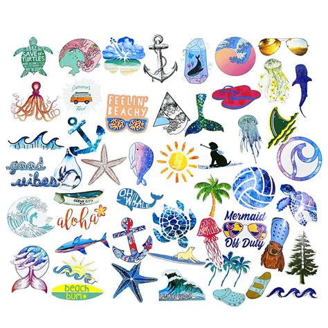 Beach Stickers 50pcs, Blue Surfing Waves Fresh Lively Turtle Laptop ...