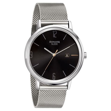 Buy Online Sonata Quartz Analog with Date Black Dial Stainless Steel ...
