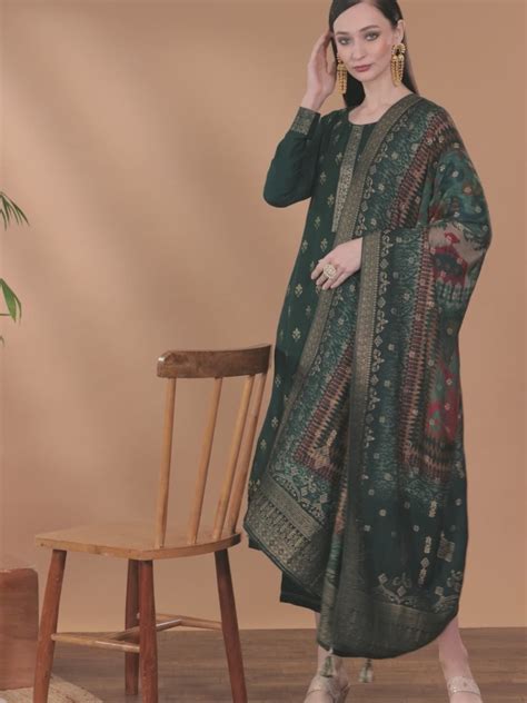 Buy Green Self Design Pashmina Wool Straight Suit Set - 33517O-S ...
