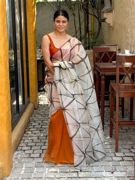 Handloom Organza Silk Saree In Itajime Shibori In Natural Dyed ...