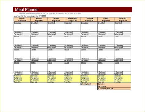 Meal Planning Template Excel