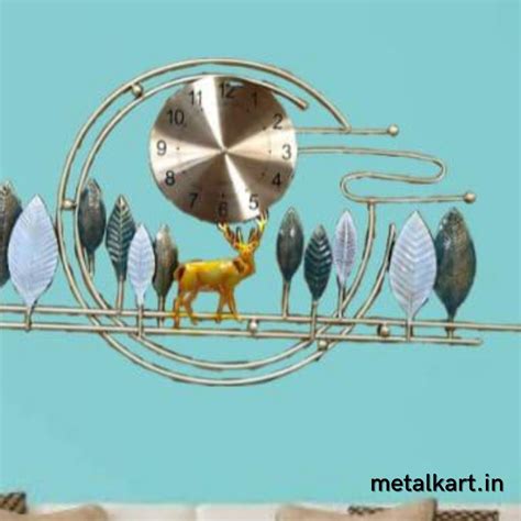 Metallic Deer wall hanging clock with Leaves (43 x 21.5 Inches) - Punam ...