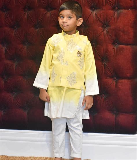 Buy Yellow Embroidery Jacket and Shaded Kurta Pant for Boys – FayonKids