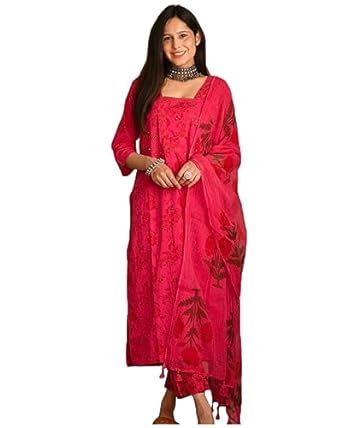 GoSriKi Women's Cotton Blend Straight Printed Kurta with Pant & Dupatta ...