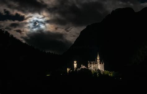 Wallpaper clouds, trees, mountains, night, castle, the moon, Germany ...