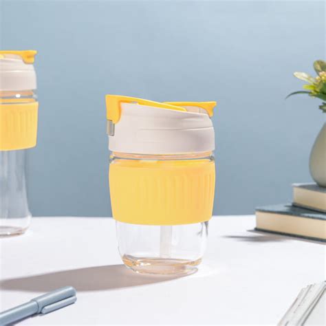 Glass Tumbler With Dual Flip Lid Yellow 350ml Online - Premium Water ...