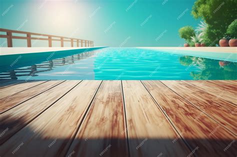 Premium Photo | A wooden deck next to a swimming pool generative ai