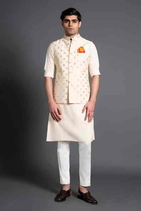 Buy Beige Chanderi Silk Embroidery Kantha Work Waistcoat For Men by ...