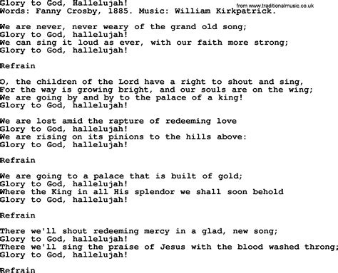 Glory To God, Hallelujah!, by Fanny Crosby - hymn lyrics