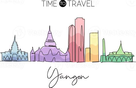Single continuous line drawing of Yangon city skyline, Myanmar. Famous city scraper landscape ...
