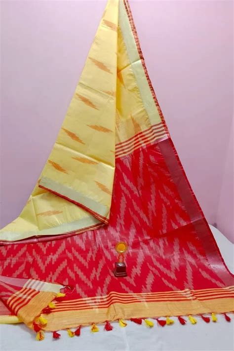 Buy Yellow Red Handwoven Cotton Ikat Saree | Linen World