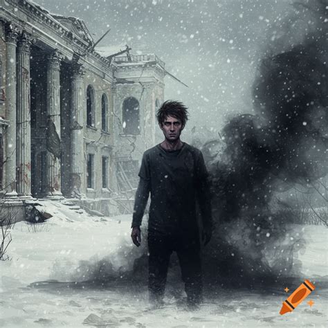 A man stands in the snow in front of a destroyed building, surrounded ...