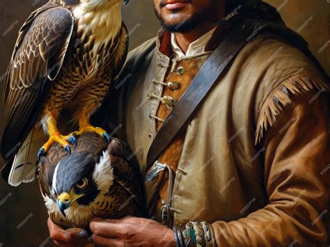 Man holding a falcon, in the centre of a group of people