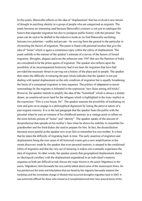 Migration - In this poem, Daruwalla reflects on the idea of ...