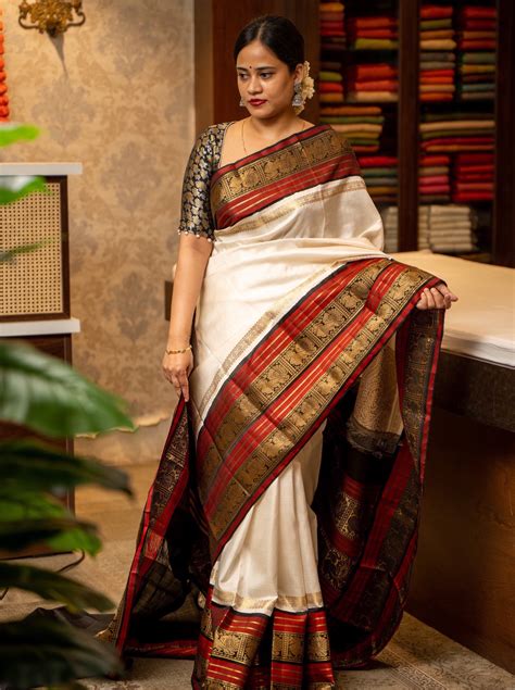 Pearl White and Maroon Rettai Pettu Pure Zari Kanjivaram Silk Sari ...