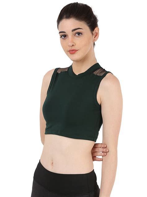 Women Bottle Green Stylish Activewear Mesh Design Sports Crop Top – The ...