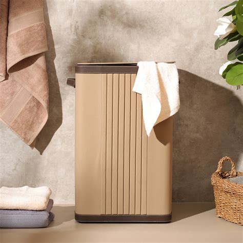 ESQ Living Coda Striped Laundry Bin with Lid - Beige Brown