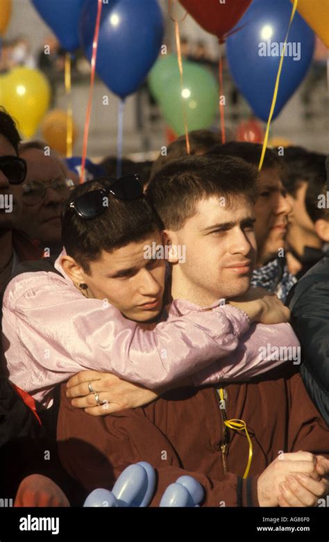 A gay couple at a demonstration for equality of the homosexual age of ...