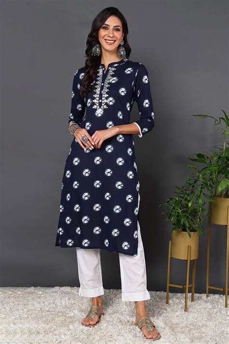 Blue Cotton Embroidered Ethnic Motifs Straight Kurta VCK9568 – Ahika