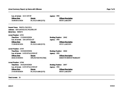 Oswego County TodayFulton Police Department Arrest Summary Report ...