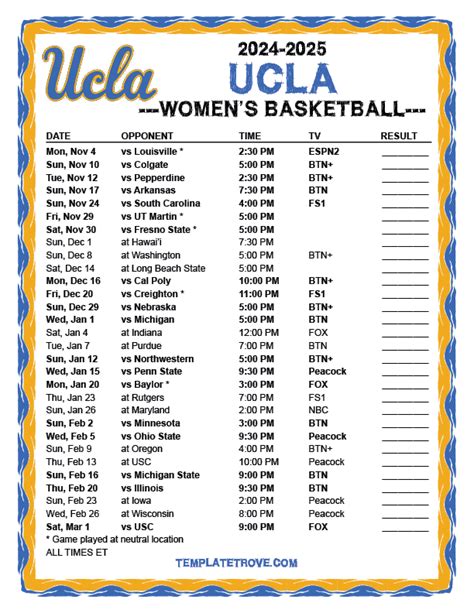 Printable 2024-2025 UCLA Bruins Women's Basketball Schedule