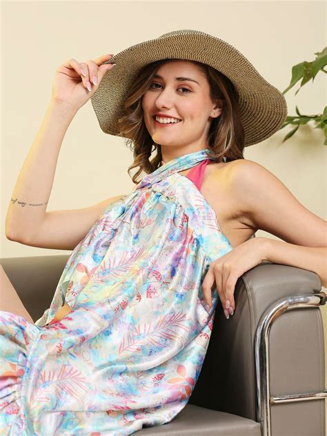 Aqua Blue Satin Printed Ruffle Long Skirt Sarong – Dupatta Bazaar