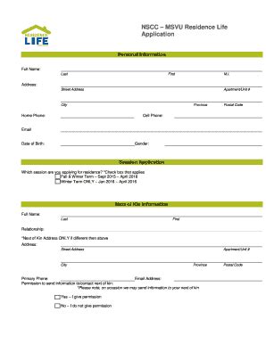 Fillable Online NSCC MSVU Residence Life Fax Email Print - pdfFiller