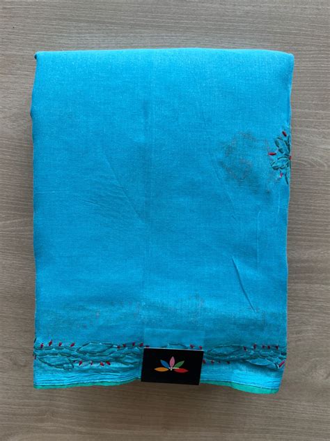 Sky Blue & Tiffany Blue Hand Embroidered Chikankari Voile Cotton Saree ...