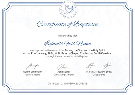 Ceremonial and professional certificate of baptism template