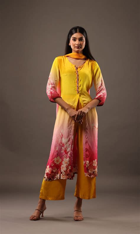 Yellow And Pink Crepe Handwork Floral Straight Suit– Sindh Fashion