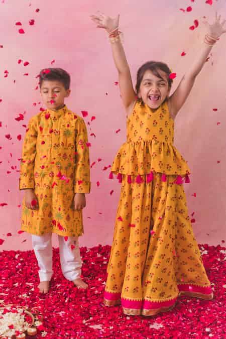 Buy Yellow Chanderi, Linen Tassels Wildbloom Garden Print Peplum Top ...