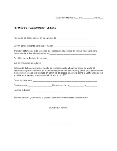 Permiso de trabajo menor de edad - Ciudad de México a ___ de __________ de 20___ PERMISO DE ...