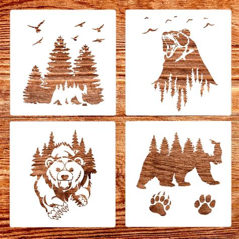 Painting Drawing Stencils Forest Bear and Claw Stencil for DIY Rock ...
