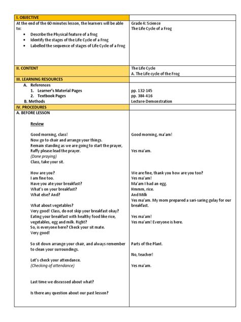 Science Elementary Lesson Plan | Download Free PDF | Frog | Biology