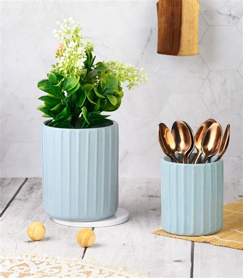 JRM Set of 2 Ceramic Planters for Indoor Plants, 13CM/10CM Cylinder ...