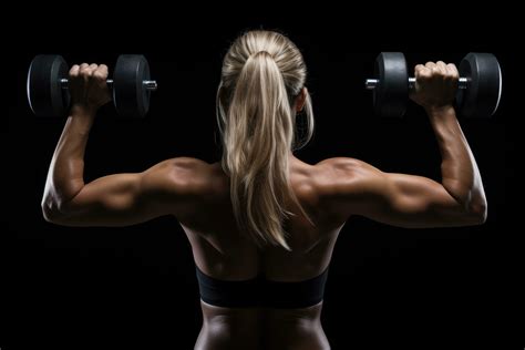 Muscular young woman with dumbbells on a black background, Fitness girl exercising with ...