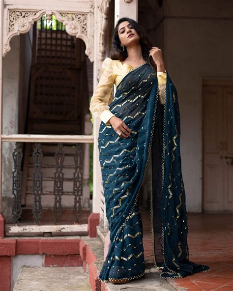 Peacock Blue Chevron Premium Sequins Georgette Saree with Pearl Work L ...